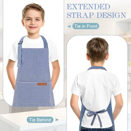 3 Pack Stripes Kids Apron, Adjustable Kids Cooking Aprons with 2 Pockets, Cute Chef Baking Aprons for Boys and Girls - color: Light Blue + Dark Blue + Rose Red, size: 55x65cm