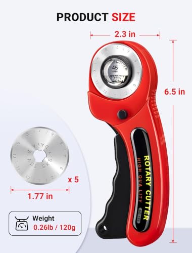 45mm Fabric Rotary Cutter with 5 Extra Blades, Ergonomic Handle | 45mm rotary cutter with five extra blades, ergonomic grip and safety lock for quilting, sewing, leather and crafts.