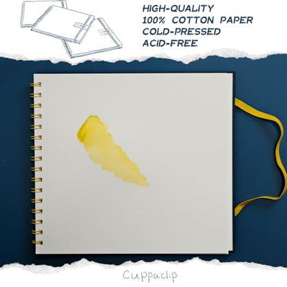 CuppaClip Watercolor Paper 9"x8.5" 300GSM 140LB Spiral Bound Cotton Water Color Pad Cold Press Inner Pocket Art Supplies (Blue) - color: Blue