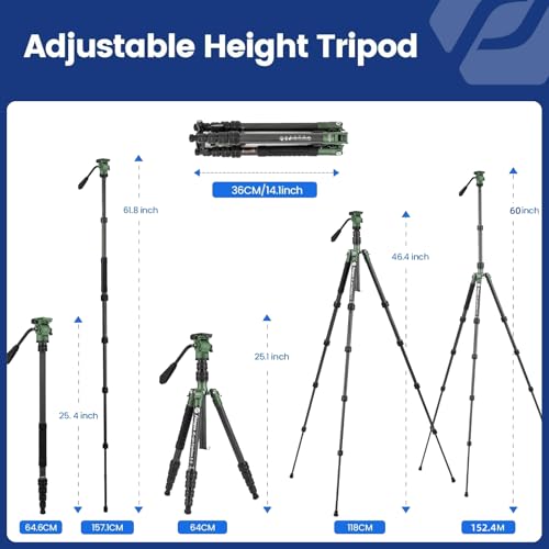 Fotopro 62" Carbon Fiber Travel Tripod, Lightweight Compact Video Tripods with Fluid Head, Detachable Monopod with Arca-Swiss Quick Release Plate and Bag, Camera Tripod Load up to 8KG/17.63lbs, Green - color: Green, size: 62" Video (Carbon Fiber)