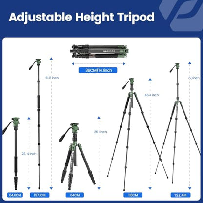 Fotopro 62" Carbon Fiber Travel Tripod, Lightweight Compact Video Tripods with Fluid Head, Detachable Monopod with Arca-Swiss Quick Release Plate and Bag, Camera Tripod Load up to 8KG/17.63lbs, Green - color: Green, size: 62" Video (Carbon Fiber)