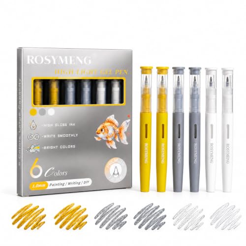 ROSYMENG 6 Pack Gold Silver White Gel Pens, 3 Colors Metallic Highlight Pens with 1.0mm Tips for Fine Outlining, Journaling, Black Paper, Card Making and Adult Coloring Books - color: 6-Pack Highlighter Pens (3 Colors)