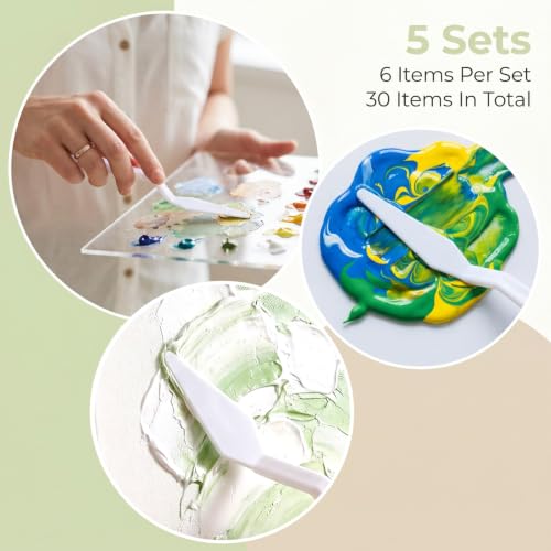 Xindojuz 6 Sets 36PCS Plastic Spatula Pallet Knife, White Palette Knife Set | Flexible Art Knife Tools Painting Knife for Mixing Spreading Scratching Layering Colors Watercolor Painting