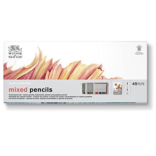Winsor & Newton Studio Collection, Mixed Pencil Box Set, 45 piece | 24 Watercolor Pencils, 12 Color Pencils & 6 Graphite Pencils; Includes Watercolour Brush, Sharpener & Paper Pad - style: 45 Piece Mixed Pencil Set