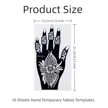 10 Sheets Temporary Tattoos Stencils, Reusable Hand Henna Tattoo Template - color: Deep Black