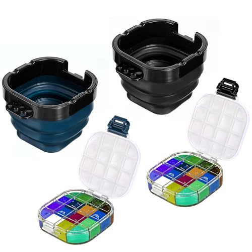 2 PCS Airtight Paint Saver Storage Palette Box, 16 Well Palette Box with Lid, Include Paint Brush Basin, Perfect for Gouache, Acrylic, Watercolor and Oil Painting (Blue, Black)
