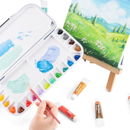 Transon Watercolor Palette Folding with Lid 18wells 2 Mixing Areas and 1 Large Mixing Tray Also for Gouache Acrylic Paint Palette Metallic Pink - color: Metallic Pink