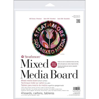 Strathmore 500 Series Mixed Media Board, 52 pt. Vellum Surface, 11 X 14 inches, Package of 4 (564-11) - size: 11 x 14 inches, style: Board