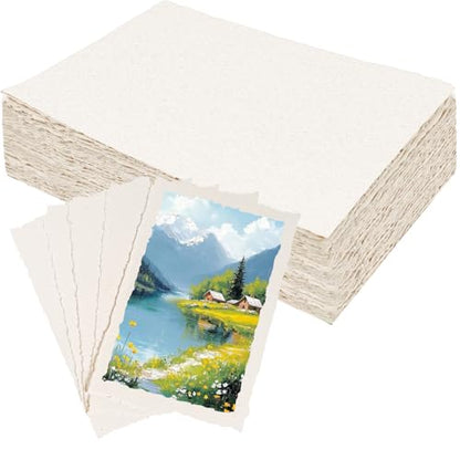 100 Sheets Deckled Edge Handmade Paper, 4” x 6” Rough Textured Watercolor Paper, 160 GSM, White, Cotton, Ideal for Wedding Birthday Invitations Greeting Cards DIY Crafts - color: 100 Sheets