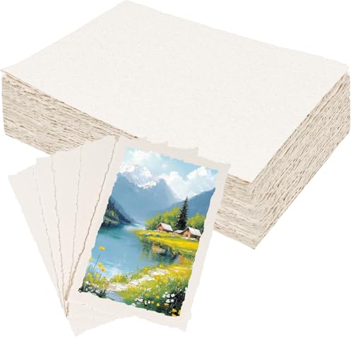 100 Sheets Deckled Edge Handmade Paper, 4” x 6” Rough Textured Watercolor Paper, 160 GSM, White, Cotton, Ideal for Wedding Birthday Invitations Greeting Cards DIY Crafts - color: 100 Sheets
