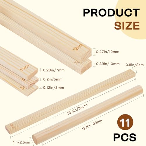 11 Pcs Pottery Rolling Pin Set, 5 Size Pottery Teaching Rolling Mud Stick Guide and Wooden Clay Roller, Pottery Tools for Precise Polymer Clay Thickness Measurement, Clay Tools Gifts Craft