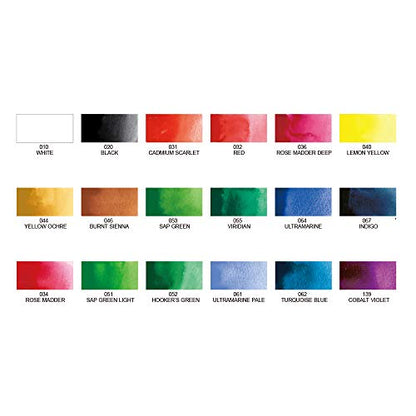 Kuretake Gansai Tambi Watercolor Paint Set, 18 Colors, Made in Japan | 18 vivid opaque colors, non-granulating pigment, large pans, palette & color chart, Professional Use, Artist Grade