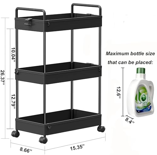 SOLEJAZZ 3 Tier Slim Rolling Storage Cart Organizer with Wheels, Black | Utility cart for bathroom, laundry, bedside, dorm&narrow spaces. Fits craft, nail, makeup, snack, art, diaper&baby essentials - color: Black, size: 3-Tier, 8.66"D