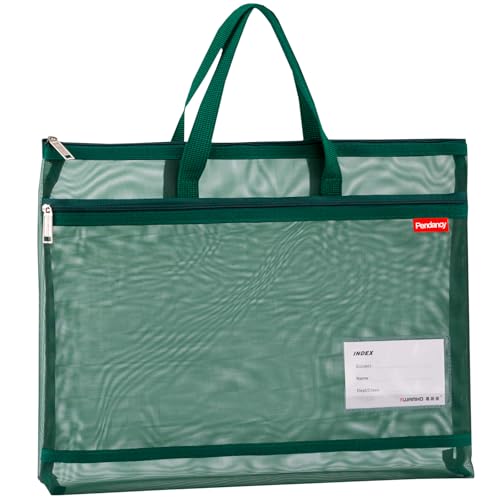 Pendancy Dark Green Folder Bag with Handle, Fits A3 Paper, Mesh Pouch | 13 x 17 in Transparent Nylon Document Organizer with 2 Compartments for Papers, Books, Puzzles, Office and Travel - color: Translucent Green, style: DIY Label Type A3 Size(13x17in)