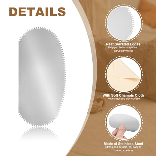 YOKIVE 6Pcs Steel Pottery Tools, Serrated Scraper Clay Ribs 3.94" x 2" Stainless Steel Sculpture Modeling Cutter Ceramic Tools with 2 Beige Chamois Cloth - color: Beige Chamois Cloth, size: 3.94" x 2"