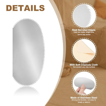 YOKIVE 6Pcs Steel Pottery Tools, Serrated Scraper Clay Ribs 3.94" x 2" Stainless Steel Sculpture Modeling Cutter Ceramic Tools with 2 Beige Chamois Cloth - color: Beige Chamois Cloth, size: 3.94" x 2"