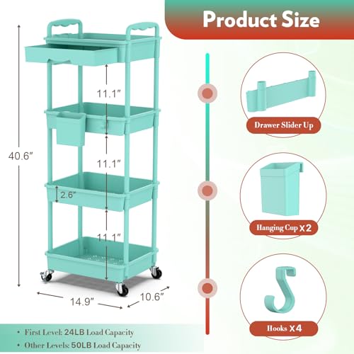 SUNALLY Makeup Cart Organizer with Drawer, 4 Tier Rolling Makeup Cart, Blue - color: Blue, size: 4 Tier