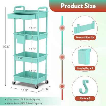 SUNALLY Makeup Cart Organizer with Drawer, 4 Tier Rolling Makeup Cart, Blue - color: Blue, size: 4 Tier