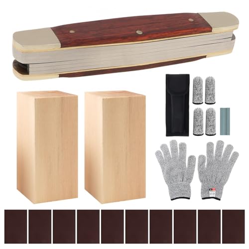 21PCS Foldable SK5 Steel Wood Carving Knife Set with Storage Bag & Gloves | SK5 high carbon steel, sharpening stone sandpaper & beech blanks, cut-resistant gloves, for DIY whittling woodworking crafts