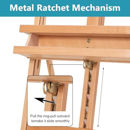 Beechwood H-Frame Artist Studio Easel with Wheels and Storage Tray, Natural | Adjustable Floor Easel Stand Holding Canvas up to 51Inches for Painting - style: Natural