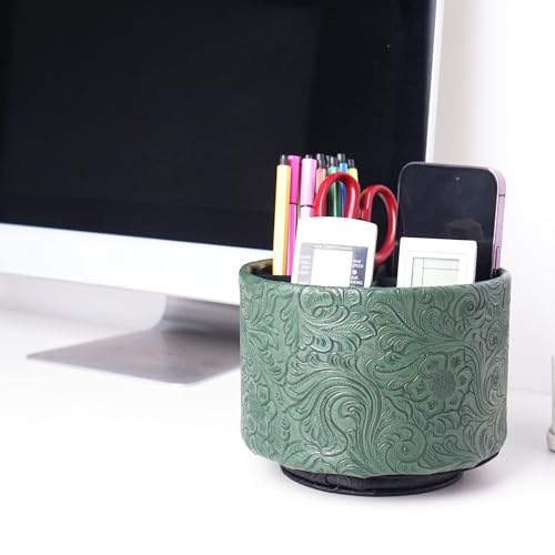 Round Leather Art Supply Organizer,Remote Control Holder,360 Degree Spinning,Multi-Functional Pencil Holder,4 Compartments Desktop Stationary Organizer(1-Carved Cooper Green) - color: 1-Carved Cooper Green