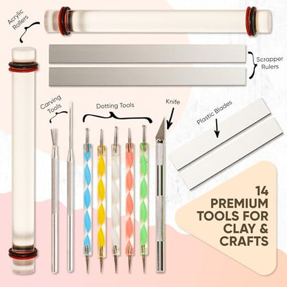 14 Pcs Clay Tools & Pottery Tools Kit, Polymer Clay Earring Making Kit | with Acrylic Clay Roller and Thickness Rings Clay Cutters for Jewelry Making & Air Dry Clay Tools Set - size: Pack of 14