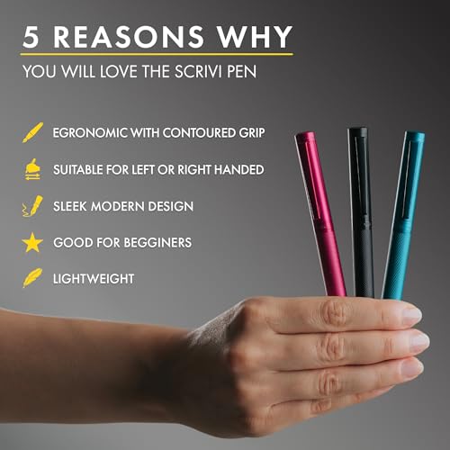 SCRIVI PENS Fountain Pen Set, Medium Nib, 5 Ink Cartridges, Black - color: Black, style: Medium Nib