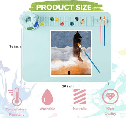 Silicone Craft Mat, 20"x 16"Painting mat Palette for Resin Casting Mold Mat, Nonstick Craft Sheet with Removable Cleaning Water Cup for Painting, Clay, Art, DIY Projects (Blue) - color: Blue