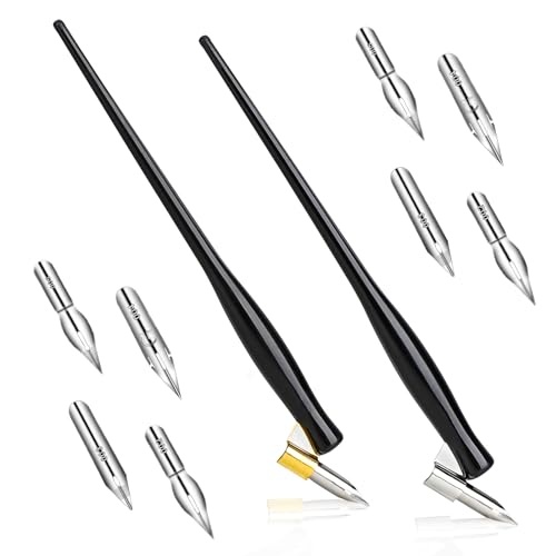 10PCS Oblique Calligraphy Dip Pen Set - 2-in-1 Drawing Pen Holder with 8 Pieces Stainless Steel Pen Replacement Nibs for Writing, Painting, Signing, Sketch - color: black