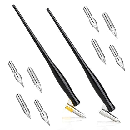 10PCS Oblique Calligraphy Dip Pen Set - 2-in-1 Drawing Pen Holder with 8 Pieces Stainless Steel Pen Replacement Nibs for Writing, Painting, Signing, Sketch - color: black