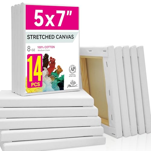 PHOENIX Stretched Canvas for Painting 5x7 Inch/14 Bulk Pack, 8 Oz Triple Primed 5/8 Inch Profile 100% Cotton White Blank Canvas, Small Framed Canvas for Oil Acrylic & Pouring Art - size: 5"x7", style: Studio Bulk Pack (8 Oz.)