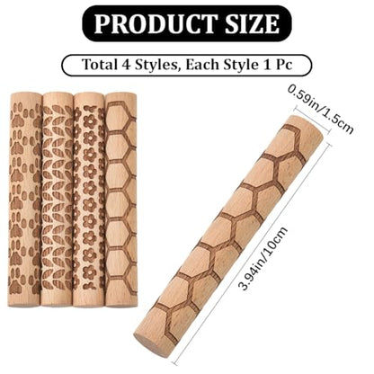 CREATCABIN 4 Pcs Wooden Clay Texture Rollers Clay Modeling Pattern Rollers Kit Pottery Stamp Roller Tools Paw Hexagon Leave Flower Rolling Pin Handmade Craft Art for Ceramics Painting DIY 3.94 Inch