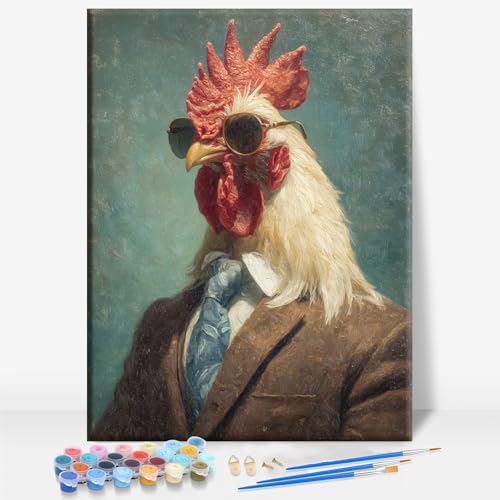 Aeontinity Cool Rooster in Suit with Sunglasses Animal Framed Canvas DIY Paint by Numbers Kit Bar Cafe Cave Home Room Wall Bathroom Porch Patio Decor Gift, 16 x 12 Inch - color: COOL ROOSTER IN SUIT WITH SUNGLASSES