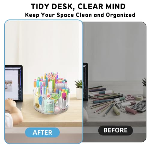SUPEASY Acrylic Rotating Pencil Holder, 360° Clear Pen & Marker Organizer | Crayon Art Supply Organizer with 6 Compartments and Carry Handle for Desk, Home, Office, Classroom