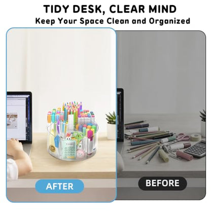 SUPEASY Acrylic Rotating Pencil Holder, 360° Clear Pen & Marker Organizer | Crayon Art Supply Organizer with 6 Compartments and Carry Handle for Desk, Home, Office, Classroom