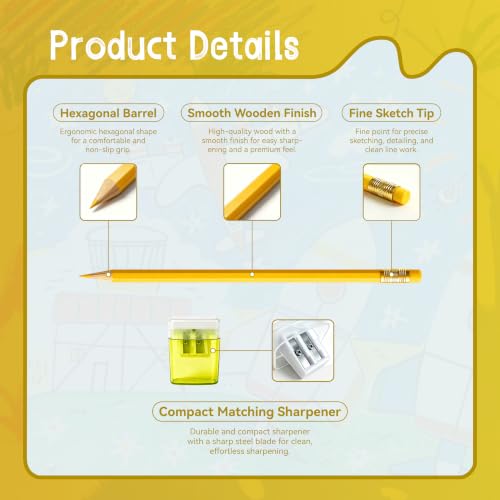 12 Pcs Yellow Pencils with Eraser for Kids HB Erasable Pencils Pre-Sharpened Professional Wooden Pencils Set, Ideal for School Writing, Drawing, Sketching, Coloring and Creative Projects(Yellow) - color: Yellow