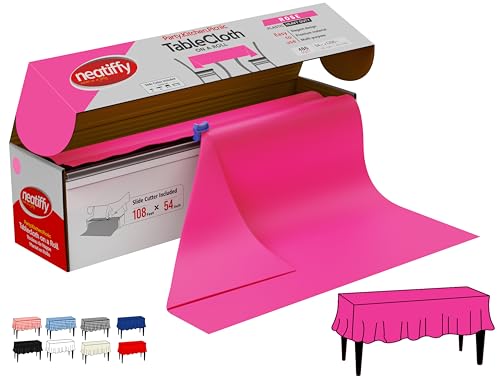 Neatiffy Disposable Plastic Tablecloth Roll | Indoor/Outdoor Table Cover Roll for Rectangle, Square, Round, Oval Tables | Picnic, Party, Banquet, Birthdays, Weddings - 54 in x 108 ft - Pink - color: Pink