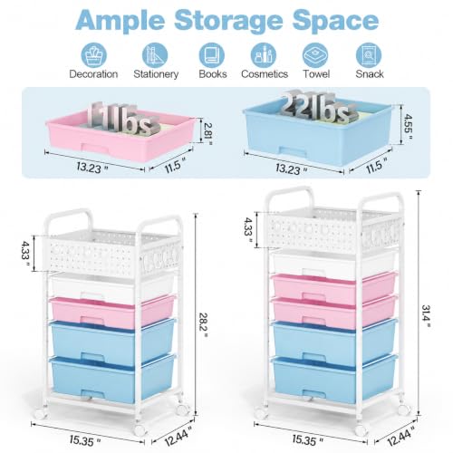 5 Drawer Rolling Storage Cart with Pegboard Top and Hooks, Pink&Blue - color: Pink&Blue, size: 5-Drawers