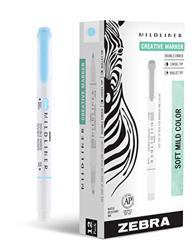 Zebra Pen MILDLINER No Bleed Highlighter, Blue Color, Dual Tip, 12-Pack | Broad and Fine Point Tip Marker Set, Ideal for Bible Highlighting, Journaling, Office, School and Teacher Supplies (78120upc) - color: Blue