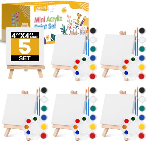 ESRICH 5 Set Canvas Painting Kit, Mini Acrylic Paint Set | 4in Stretched Canvas with 6in Easel, Acrylic Paint Strips, Palettes, Paint Brushes for Kids Artists Beginner, Gift - size: 5 set 4 x 4 inches
