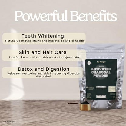 Zen Principle Coconut Activated Charcoal Powder. Whitens Teeth, Rejuvenates Skin and Hair, Supports Better Digestion. USA-Owned Producers, 2.5 lb - size: 40 Ounce (Pack of 1)