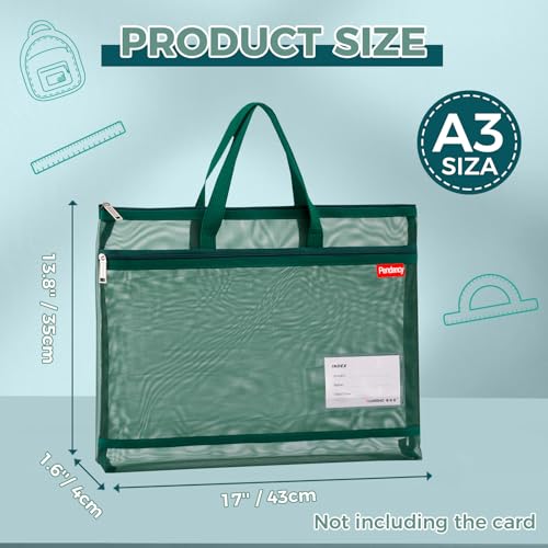 Pendancy Dark Green Folder Bag with Handle, Fits A3 Paper, Mesh Pouch | 13 x 17 in Transparent Nylon Document Organizer with 2 Compartments for Papers, Books, Puzzles, Office and Travel - color: Translucent Green, style: DIY Label Type A3 Size(13x17in)