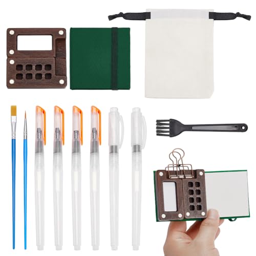 PH PandaHall Travel Watercolor Painting Kit, 7pcs Mini Watercolor Paint Set Wooden Grid Paint Box Watercolor Paper Sketch Book Brush Pens with Binder Clip for Beginners Artists Enthusiasts