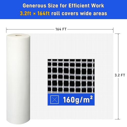 Fiberglass Mesh Roll 3.2x164 FT Plastering Mesh for Wall Crack Repair, Alkaline Resistant & Non-Adhesive 160g/m² Fibreglass Reinforcing Mesh Net for Plastering Interior Exterior Building Insulation