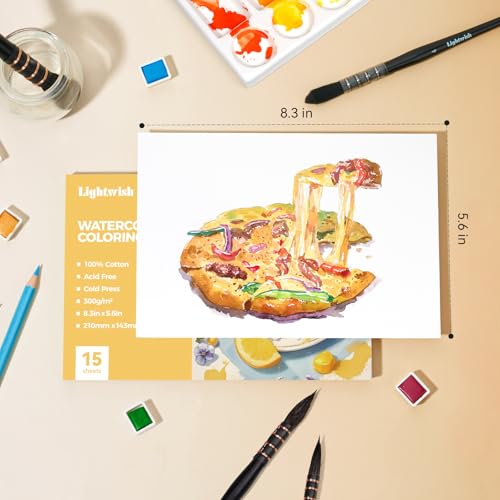 Lightwish Watercolor Coloring Book for Adults & Beginners,100% Cotton 300gsm/140lb Acid-Free Cold Press Paper, 8.3 x 5.6 Inches,15 Sheets,Food-Themed - color: Food-Themed