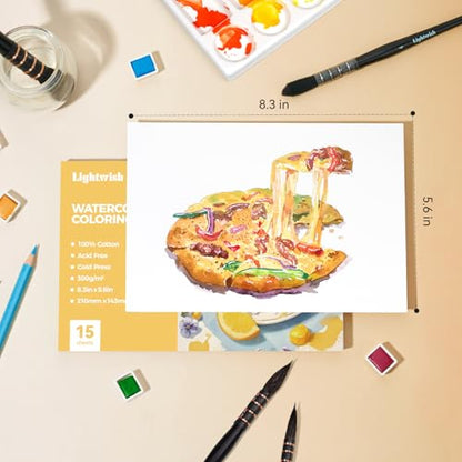 Lightwish Watercolor Coloring Book for Adults & Beginners,100% Cotton 300gsm/140lb Acid-Free Cold Press Paper, 8.3 x 5.6 Inches,15 Sheets,Food-Themed - color: Food-Themed