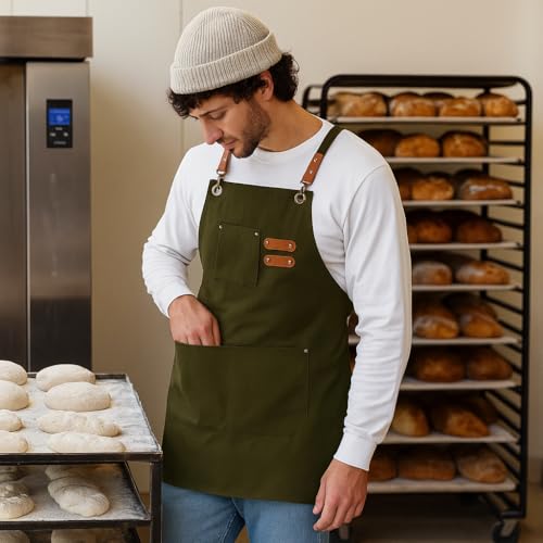 Chef Aprons for Men Canvas Apron with Large Pockets and Adjustable Neck Strap for Cooking,BBQ, Gardening - color: Green