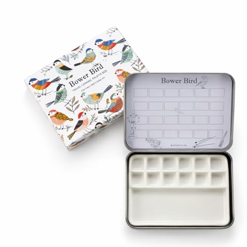 Bower Bird Travel Ceramic Watercolor Palette with 12-Well Porcelain Mixing Tray & Metal Tin Box - Portable Art Kit for Gouache, Studio & Outdoor Painting - size: 4.2" x 3.1" x 0.5"