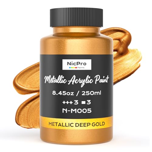 Nicpro Metallic Deep Gold Acrylic Paint, 8.45oz/250ml Large Gold Leaf Paint | Non Toxic, Non Fading Craft Paints for Metal, Wood, Clay, Fabric, Canvas, Furniture, Handcrafts, Art Supplies - color: Deep Gold, size: 8.45 Fl Oz (Pack of 1)