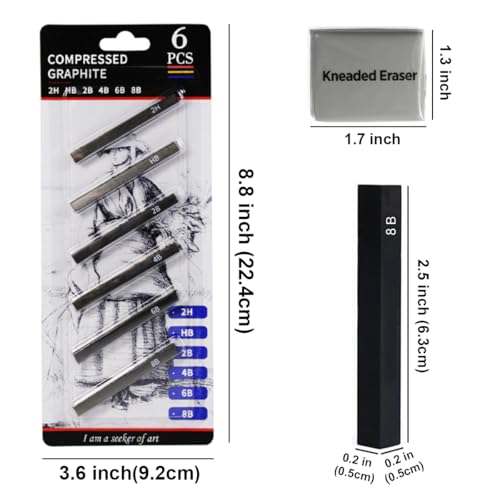 Compressed Charcoal Sticks 6 PCS, Graphite Sticks Square 6 Pieces, Kneaded Rubber Erasers Large Size 4 Pack